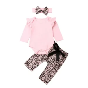 Pudcoco US Stock Fashion 0-18M Newborn Baby Girls Clothes Pink Long Sleeve Romper Tops+Leopard Bowknot Pants 3PCS Outfit Set