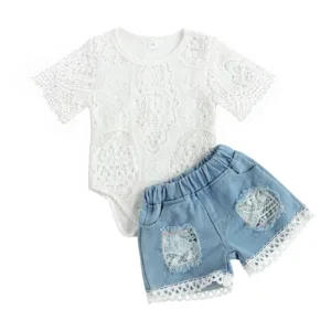 2Pcs Fashionable Baby Girls Outfit, Summer Breathable Round Collar Short Sleeve Hollow Lace Romper + Ripped Denim Shorts Set