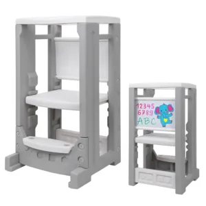 Kids Kitchen Step Stool With Whiteboard, Toddler Tower With 4 Adjustable Heights & Safety Rail, Baby Children Learning Stool