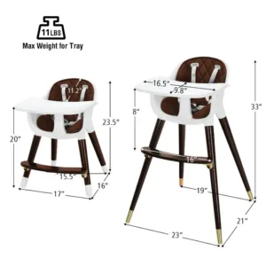 Baby High Chair, 3 in 1 Convertible Wooden Highchair for Babies & Toddlers, Modern Infant Feeding Chair