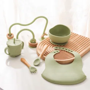 Baby Silicone Tableware Set BPA Free Silicone Non-Slip Feeding Bowl Cup Bibs Wooden Handle Spoon Fork Newborn Feeding Dishes Set
