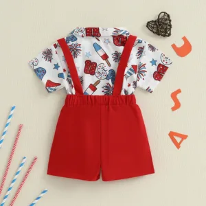 Toddler Boys Independence Day Outfits Short Sleeve Bowtie Romper Suspender Shorts Set Infant Clothing for 4th of July