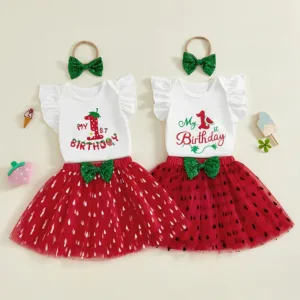 Pudcoco Infant Baby Girls Birthday Outfits Flutter Sleeves Letter Romper with Watermelon Print Tulle Skirt and Headband 6-18M