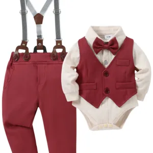 Baby Boy Clothes Wedding Outfit Suits, 0-18 Months Infant Boy Gentleman Set, Dress Shirt+Vest+Suspender Pants+Bowtie