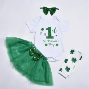 Toddler Skirt Set St Patricks Day Baby Girl Outfit My First St Patricks Day Romper + Green Lace Skirt + Socks Headband Shirt Set
