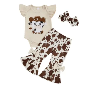 Pudcoco Baby Girls Summer Outfits Ruffle Sleeveless Cow Embroidery Romper + Pants + Headband Set Western Clothes