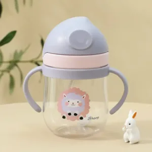 Adorable and Practical Animal Printed Baby Bottle with Auxillary Straw Cover - Perfect Kids Cup for Daily Drinking and Hydration