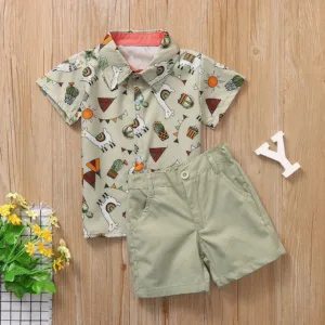 Suit For Boys Outfits Cartoon Gentleman Print T-Shirt Tops+Shorts Casual Round Neck Top Bottom Set Summer Short Sleeve Clothing