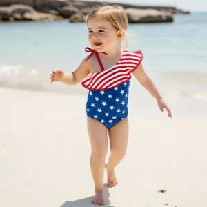 Adorable Baby Girl Fourth of July Stars and Stripes Print Swimsuit with Ruffles and Bow Detail for Summer Fun