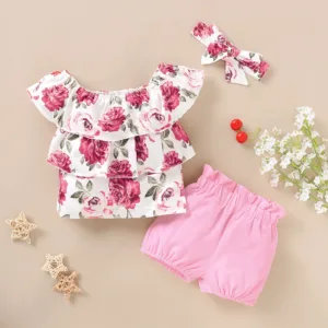 Girl Baby Floral Outfits Print One Shoulder Ruffle Children'S Top Bottom Clothes Set Summer Casual Round Neck Suit 2025