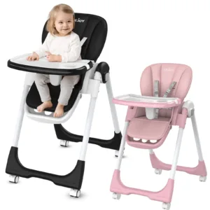 Sejoy Baby High Chair Foldable Highchair Adjustable Backrest Double Removable Tray Detachable PU Leather Cushion High Chair for
