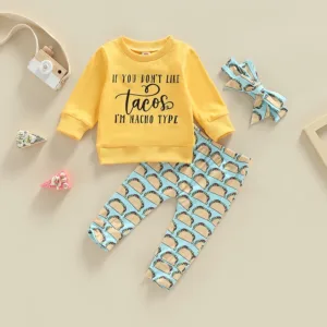 2022-09-23 Lioraitiin 0-24M Toddler Baby Girls Clothes Set Letter Print Long Sleeves T-shirt Tops Taco Printed Pants Headband