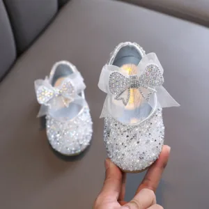 New Girl's Princess Shoes Children's Fashion Bow Rhinestone Sequin Kids Shoe Baby Girls Party Student Flat Leather Shoes