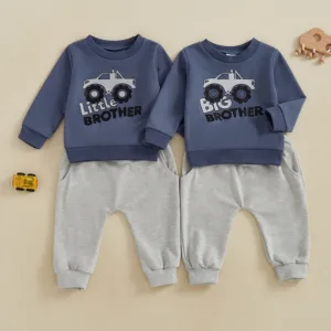 2024-10-25 Lioraitiin Baby Boy 2Pcs Fall Outfit Long Sleeve Truck Print Sweatshirt + Pocket Pants Set Brother Matching Clothes