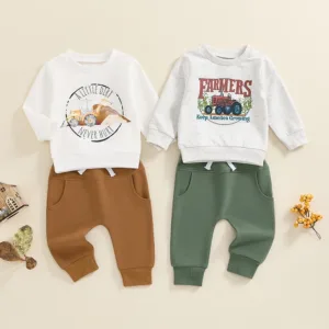 2024-05-31 Lioraitiin 0-3Y Toddler Boys Fall Outfits Letter Tractor Print Long Sleeve Sweatshirt and Long Pants 2Pcs Clothes Set
