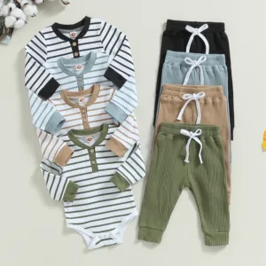 2023-06-29 Lioraitiin 0-24M Infant Baby Boy 2Pcs Fall Outfits Long Sleeve Striped Print Romper Pants Set Infant Warm Clothes