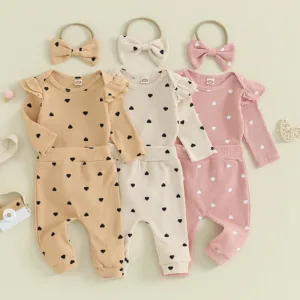 2023-09-12 Lioraitiin Infant Baby Girl Clothes Set Waffle Knit Heart Long Sleeve Romper Pants Headband Suit Outfits Fall Clothes