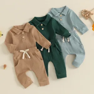 2024-05-15 Lioraitiin Autumn Infant Baby Boys Ribbed Set Button Long Sleeve Romper Drawstring Pocket Trousers Outfits Clothes