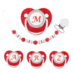 Red Pacifier Newborn Dummy Luxury Pearls Clip Chain Set 26 Letters Infant Soother Baby Shower Gift Silicone Toddler Teether