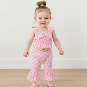 Adorable Infant Girl Plaid Ensemble with Smocked Ruffle Tank Top and Elastic Waist Flare Trousers 2 Piece Set