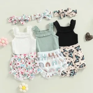 2022-12-30 Lioraitiin 0-18M Infant Baby Girls Shorts Set Sleeveless Romper Flower/Rainbow/ Print Shorts Hairband