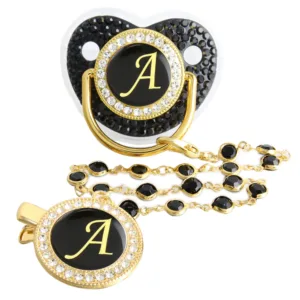 26 Letters Bling Black Baby Pacifier with Gem Bead Chain Gem Clip /Teether Toy
